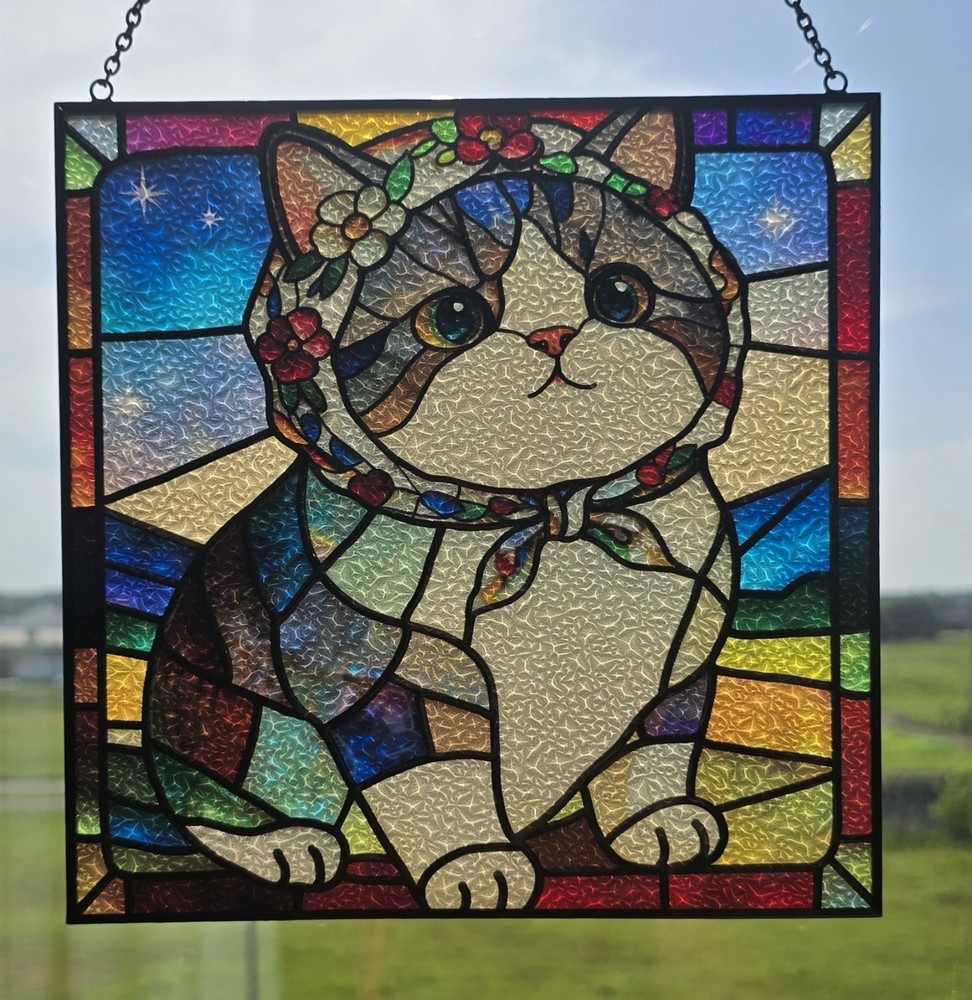 Cat With Floral Head Scarf Stain Glass Suncatcher Hanging Decor