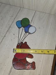 Vintage Stained Glass SUNCATCHER Teddy Bear With Balloons 10″ Window Decor