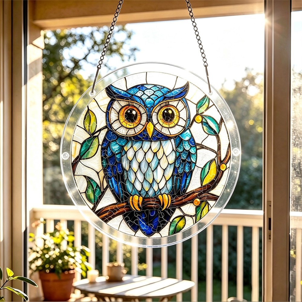 Blue Owl Branch Green Leaf Stained Acrylic Puzzle Suncatcher Window Decor