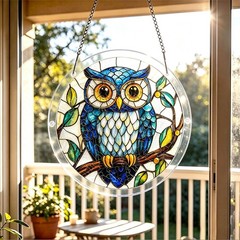 Blue Owl Branch Green Leaf Stained Acrylic Puzzle Suncatcher Window Decor