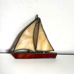 Vintage Stained Glass SunCatcher Window Lead Metal Sail Boat Sailboat Red Beach