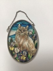 Cat & Iris Flower 4.5×3.25” Oval Suncatcher AMIA Studios Hand-Painted Glass