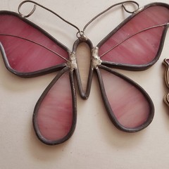 Stained Glass Pink Butterfly Leaded Sun Catchers Window Hanging VTG Set Of 2