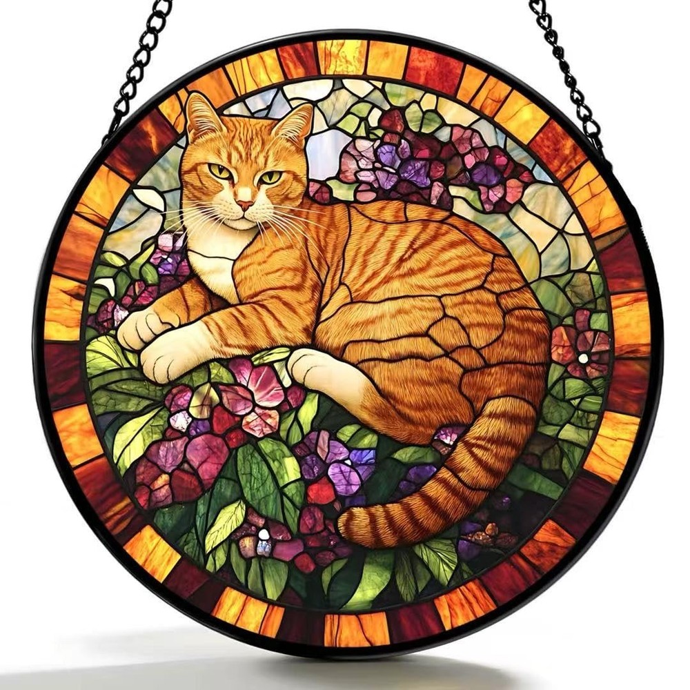 Orange Cat Stained Glass Suncatcher Unique Home Decor for Living Room