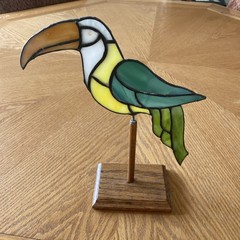 Vintage Handmade yellow / green stained-glass parrot 11 1/2″ tall
