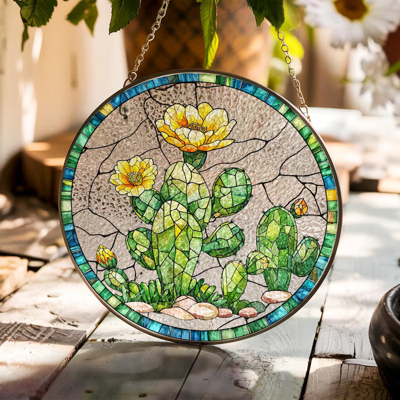 Cactus Stained Glass Suncatcher Desert Plant Window Hanging Home Garden Art