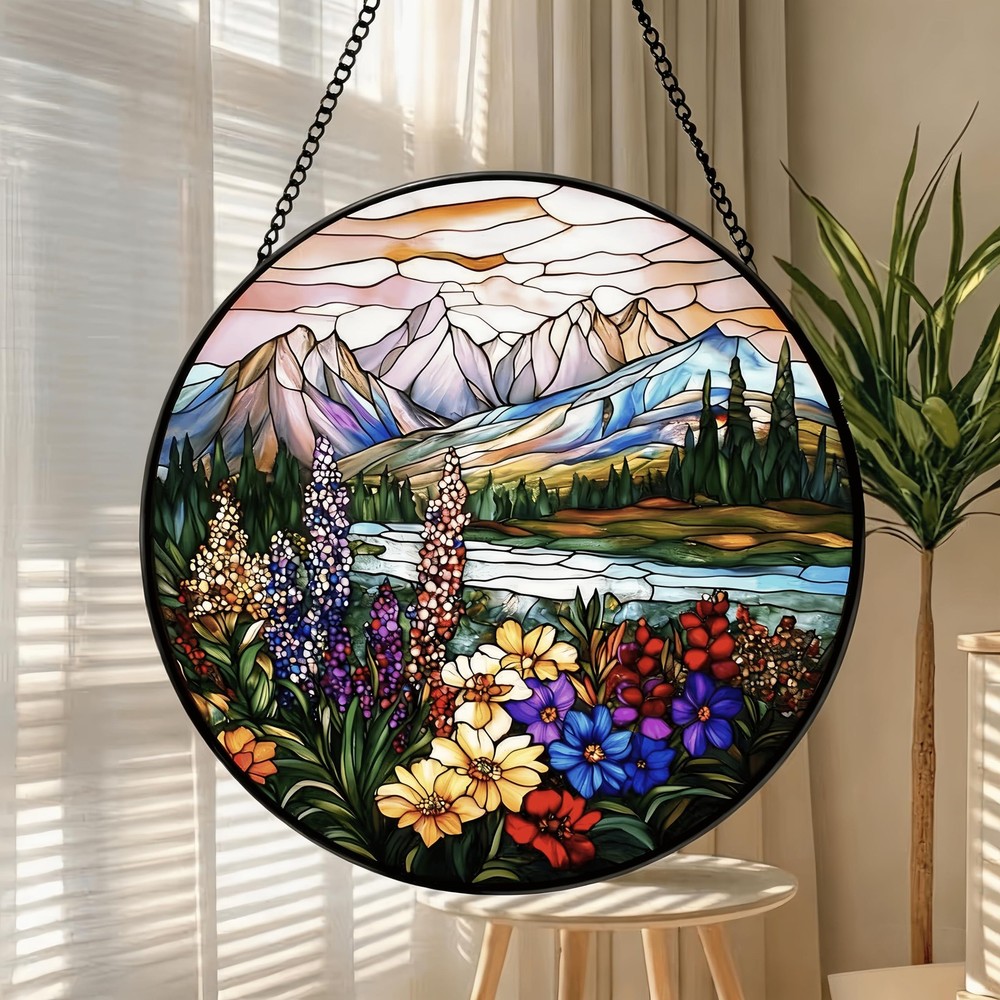 Stained Glass Window Hanging Suncatcher – Wildflower Mountain Sunrise Glass P…