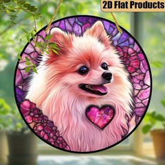 Cute Pink Pomeranian Dog Purple Floral Acrylic Suncatcher Window Decoration