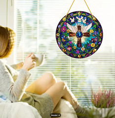 Stunning Acrylic Cross Suncatcher, w/Angel Wings & Doves, Stained Glass Look, 8″