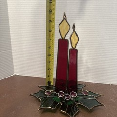 Vintage Holly Candles Stained Glass Christmas Tabletop Suncatcher Decoration