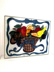 BEAUTIFUL Hand Painted Glass Art Painting FRUIT BASKET Sun Catcher Frame 20″X16″