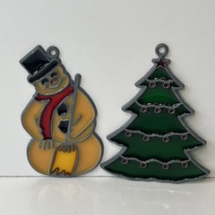 Stained Glass Christmas Tree & Snowman Holiday Sun Catchers Vintage