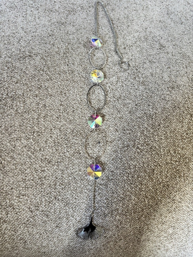 Silver Metal & Crystal Hanging Suncatcher Chain w/ Clear Prism & Shell Charm