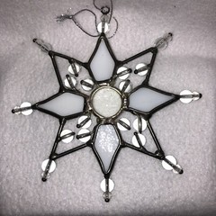 Snowflake Stained Glass Ornament Suncatcher White Clear with Clear Beads 5″ Tall
