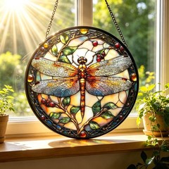 Stained Glass Window Hanging – Dragonfly Plant Suncatcher Ready to Hang Windo…