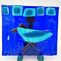 Abstract Blue Bird Fused Glass Art Suncatcher Tile Sculpture OOAK Collectible