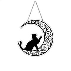 NEW Black Kitty Cat on Moon Hanging Acrylic Decorative Suncatcher Sign 6 in.