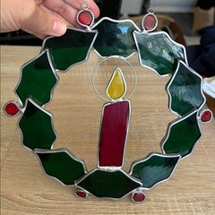 Vintage Stained Glass Christmas Wreath with Candle 8 inch Sun Catcher