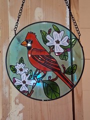 Vintage Glass Cardinal Sun Catcher 6″ Round Stained Glass Style Bird Dogwood Pan