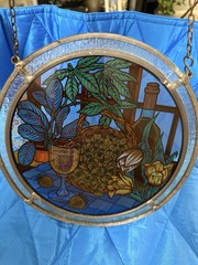 Vintage Berries & Wine Flowers Still Life Painting Stained Glass Sun Catcher 10”