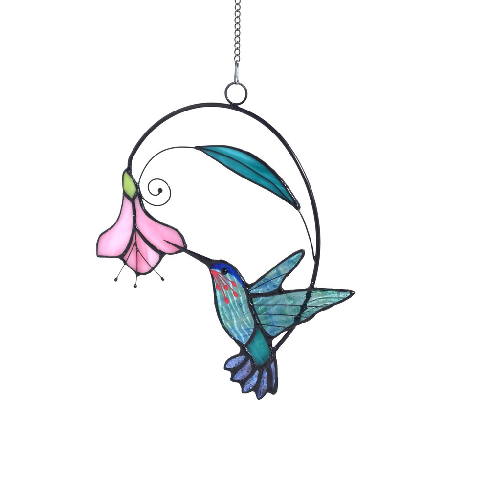 Stained Glass Hummingbird Window Hangings with Flowers, Bird Stained Glass Su…
