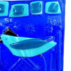 Abstract Blue Bird Fused Glass Art Suncatcher Tile Sculpture OOAK Collectible