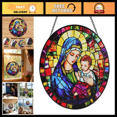 Stained Glass Virgin Mary Suncatcher – 8 Inch Christian Window Decor, Easter Gif