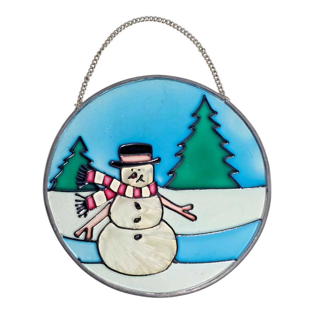 Vintage Stained Glass Window Light Sun Catcher Snowman Holiday 5″