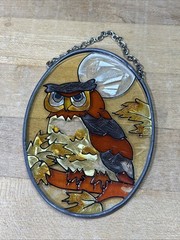 Vintage Stained Glass Owl Suncatcher Hanging Window Panel Autumn Fall Decor