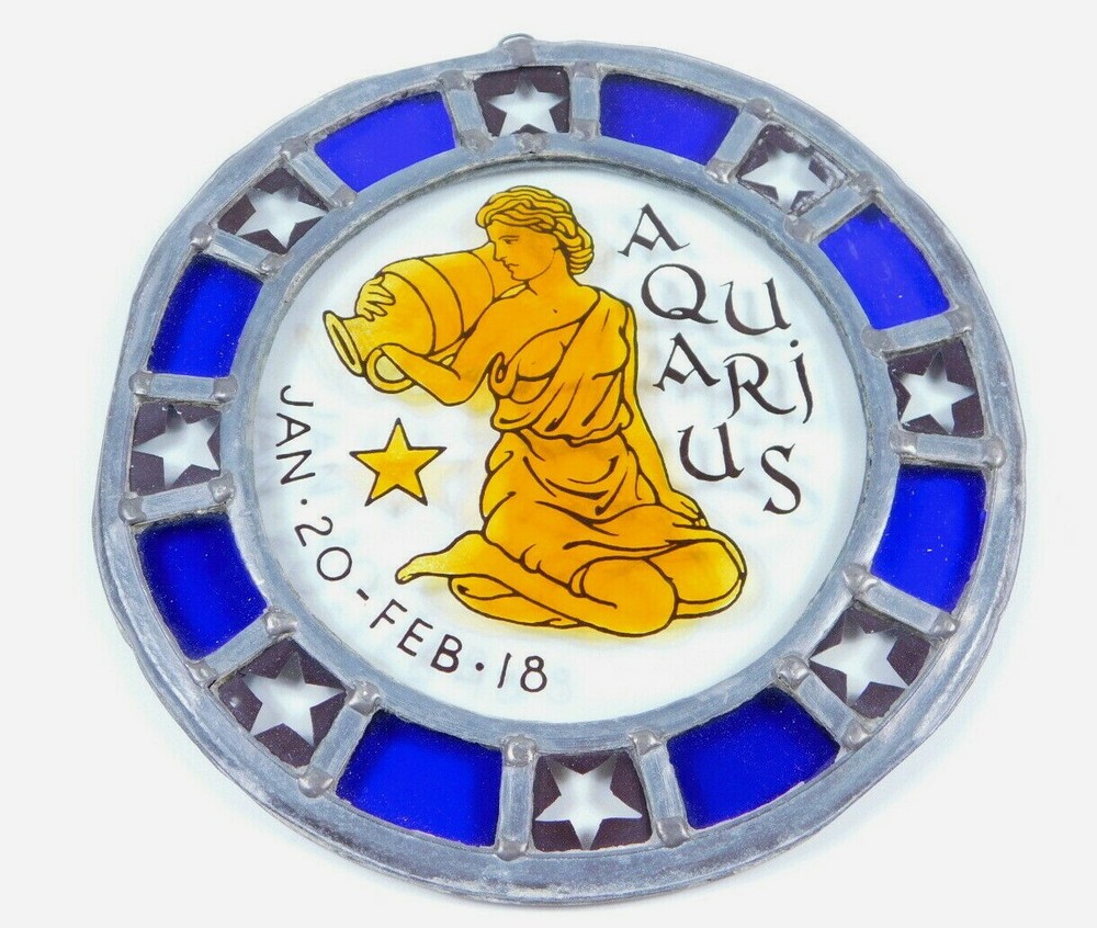 Aquarius 10″ Zodiac Stained Glass Suncatcher Hanging Round Blue Gold Star