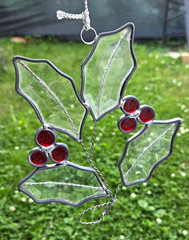 Stained Glass Holly Leaf & Red Berries Suncatcher Ornament, Clear/Red Silver