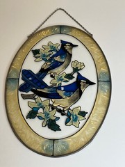 Vintage Glass Blue Jay Bird Sun Catcher Window Hanger. Made in Korea