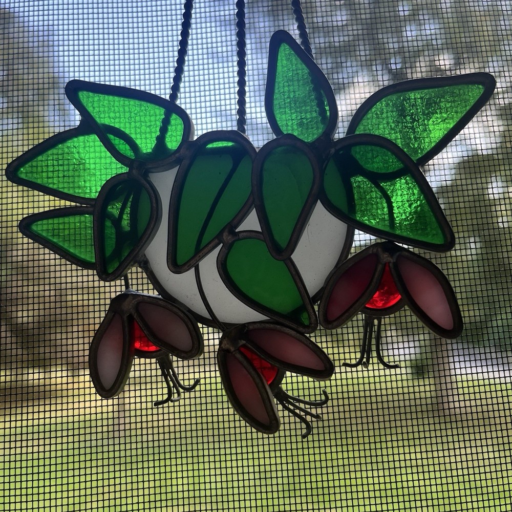 New England Rustics Stained Glass Basket Planter With Ladybugs Suncatcher
