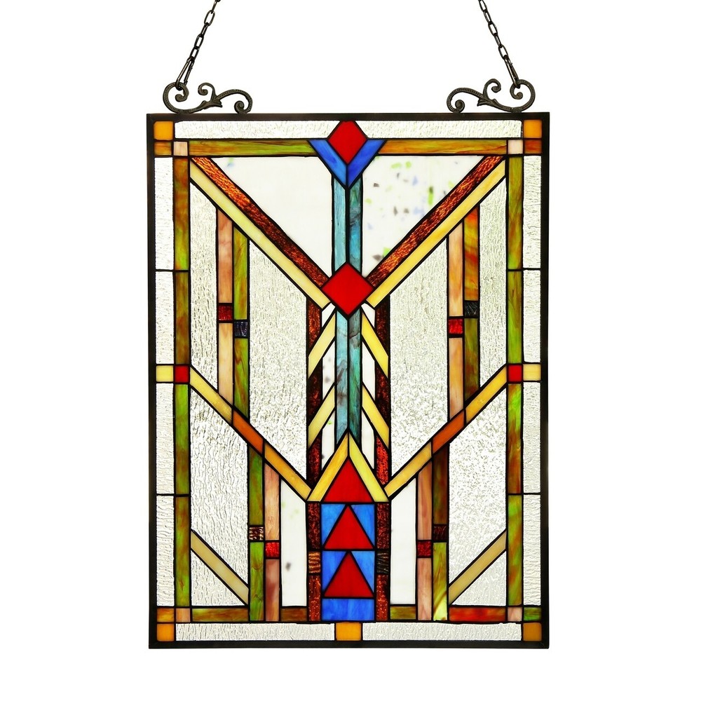 25″ x 18″ Tiffany Style stained Glass Triangular Mission Hanging Window Panel