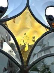 Arts & Crafts Stained Glass Suncatcher Amber Slag Glass 19”