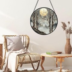 Stained Glass Window Hanging – Black and White Gold Moon 7.8×7.8 IN Black Gold