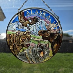 AMIA Alaska Foursome Glass Suncatcher – Hand Painted 6.5″ – Bear Eagle Wolf
