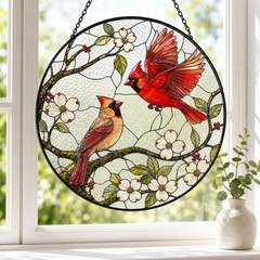 Stained Glass Suncatcher Cardinal Lovebirds Moonlight Window Hanging Home Decor