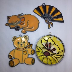 Lot 4 Vtg Makit & Bakit Style Oriental Fan Suncatcher Orange & Black Faux