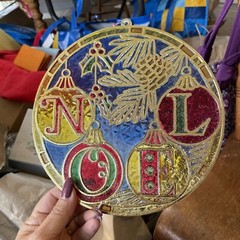 3- Vintage 80s Christmas Stained Sun Catcher Hanging Decor. . Santa, Bear, &NOEL
