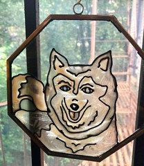 Stained Glass Sun Catcher Handmade Brass Rim Octagonal German Shepherd Dog 6.5″W
