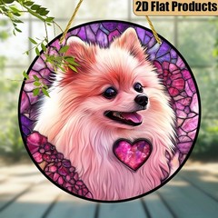 Cute Pink Pomeranian Dog Purple Floral Acrylic Suncatcher Window Decoration