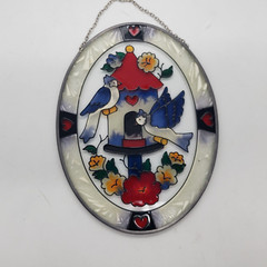Vtg Joan Baker Stained Two Birds & Birdhouse Hand Painted Suncatcher 6497
