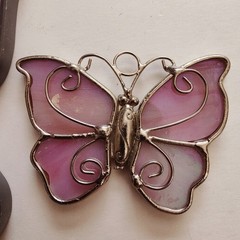 Stained Glass Pink Butterfly Leaded Sun Catchers Window Hanging VTG Set Of 2