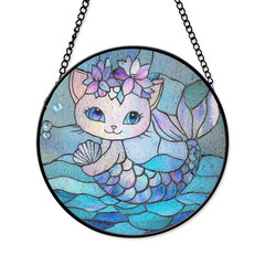 Cute Mermaid Cat Stained Glass Suncatcher, Fantasy Ocean Window Art