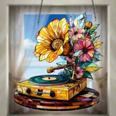 SUNCATCHER 8″x8″ Stained Glass Style Acrylic flowers record player