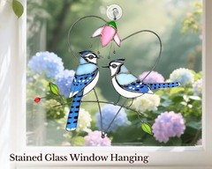 Stained Glass Blue Jay Suncatcher – Handmade Window Ornament for Bird Lovers, Gi