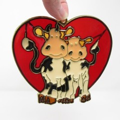 Heart & Cow Calf Suncatcher Ornament Faux Stained Glass 4.5″ vtg Farm Dairy