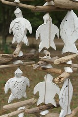 Driftwood Sea Turtles / Fish Beach Patio Mobiles, Wood, Beach Gems – 3 items