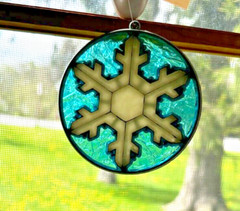 Vintage Sun Catcher-Stained Glass: Snowflake with Blue Background